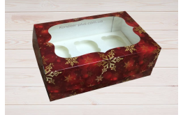 коробка на 6 кексов красная-снежинка, Н-9 см