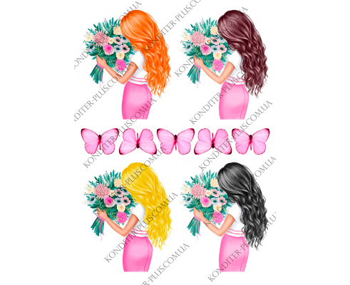 вафельная картинка 4 девушки и розовые бабочки