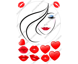 вафельная картинка лицо девушки в круге и сердечки, губы