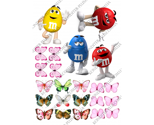 вафельная картинка M&M's 9 см и бабочки