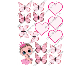 вафельная картинка девочка-принцесса 10 см и бабочки розовые
