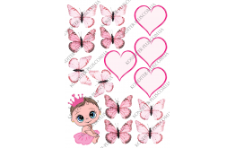 вафельная картинка девочка-принцесса 10 см и бабочки розовые