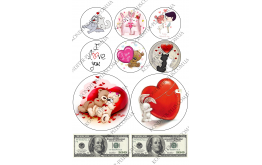 вафельная картинка круги 10 и 5,5 см влюбленные и доллары